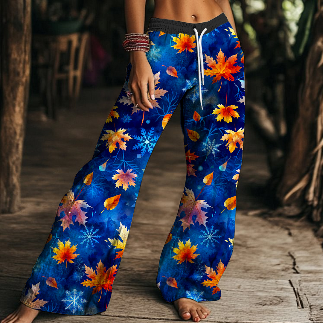 Blue Snowflake Maple Leaf Women's Drawstring Wide-Leg Pants
