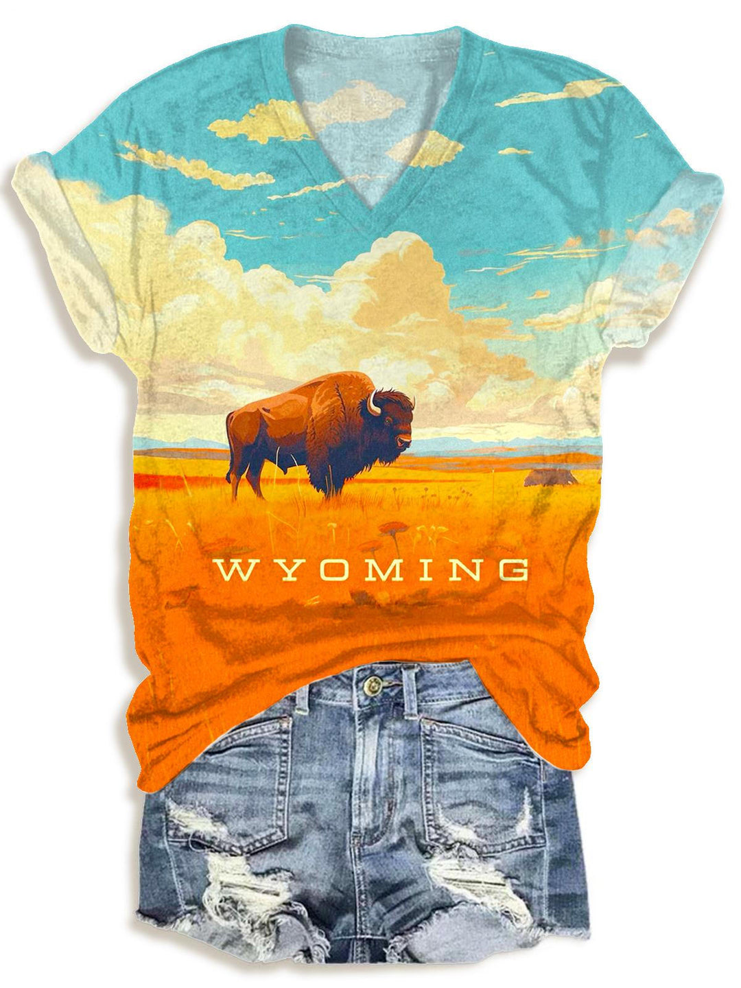 Vintage Western Bison Print V-neck T-Shirt