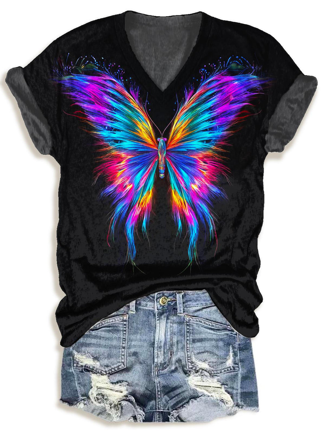 Hippie Colorful Butterfly Print V-neck T-Shirt