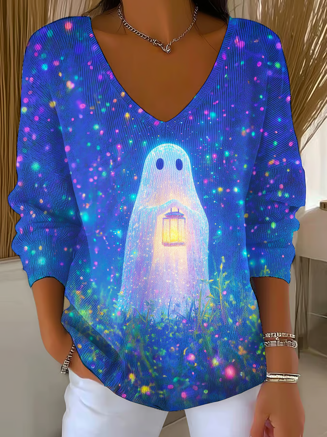 Funny Halloween Ghosts Casual V Neck Pullover Sweater