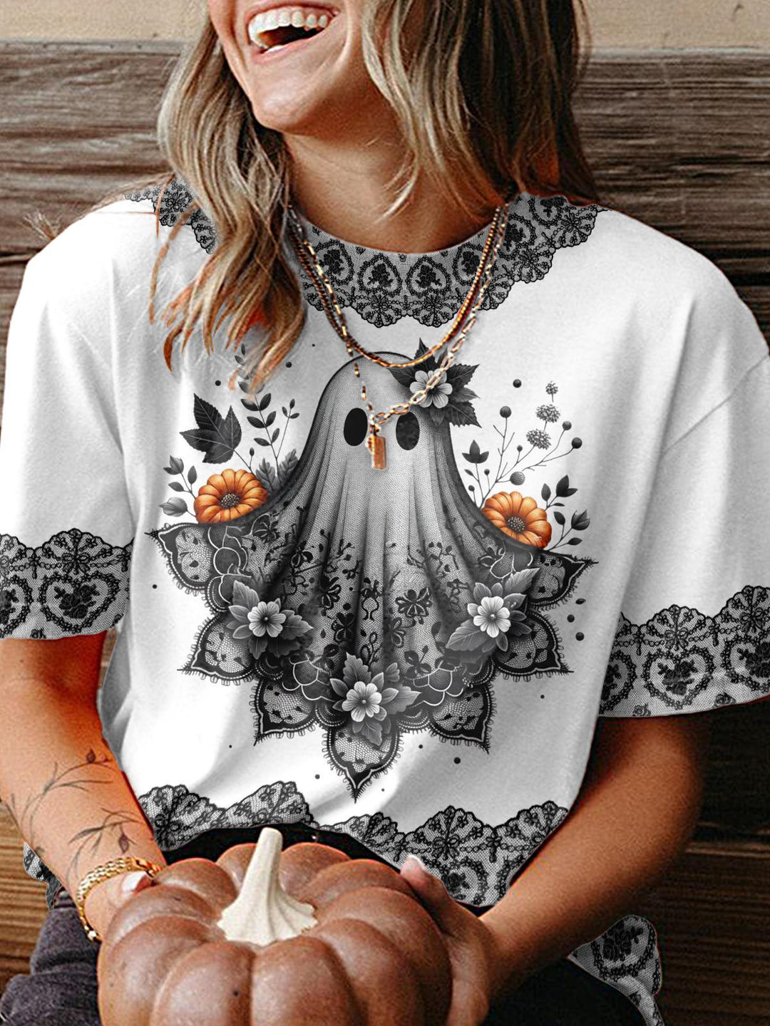 Halloween Black Lace Ghost And Sunflower Crew Neck T-shirt
