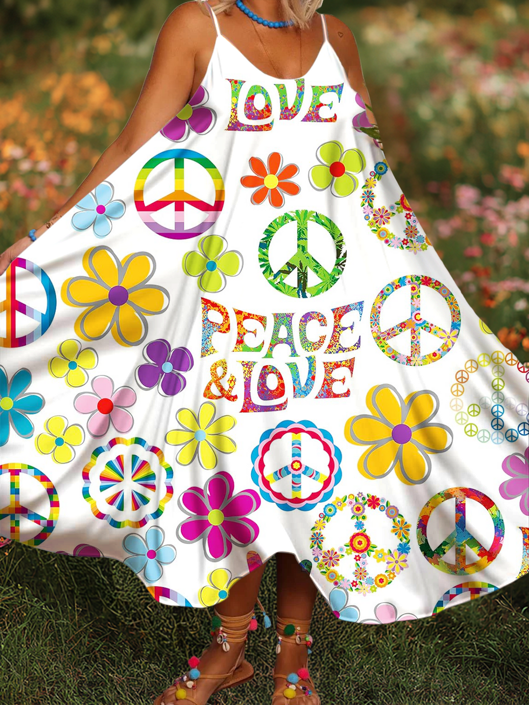 Hippie Love And Peace Collage Art Women's Printed Casual Spaghetti Strap Dress