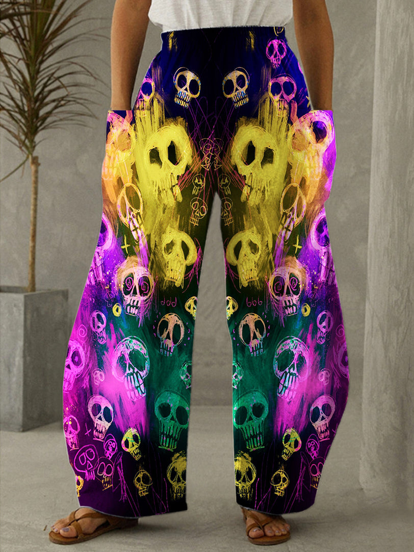 Halloween Colorful Skull Print Casual Pants