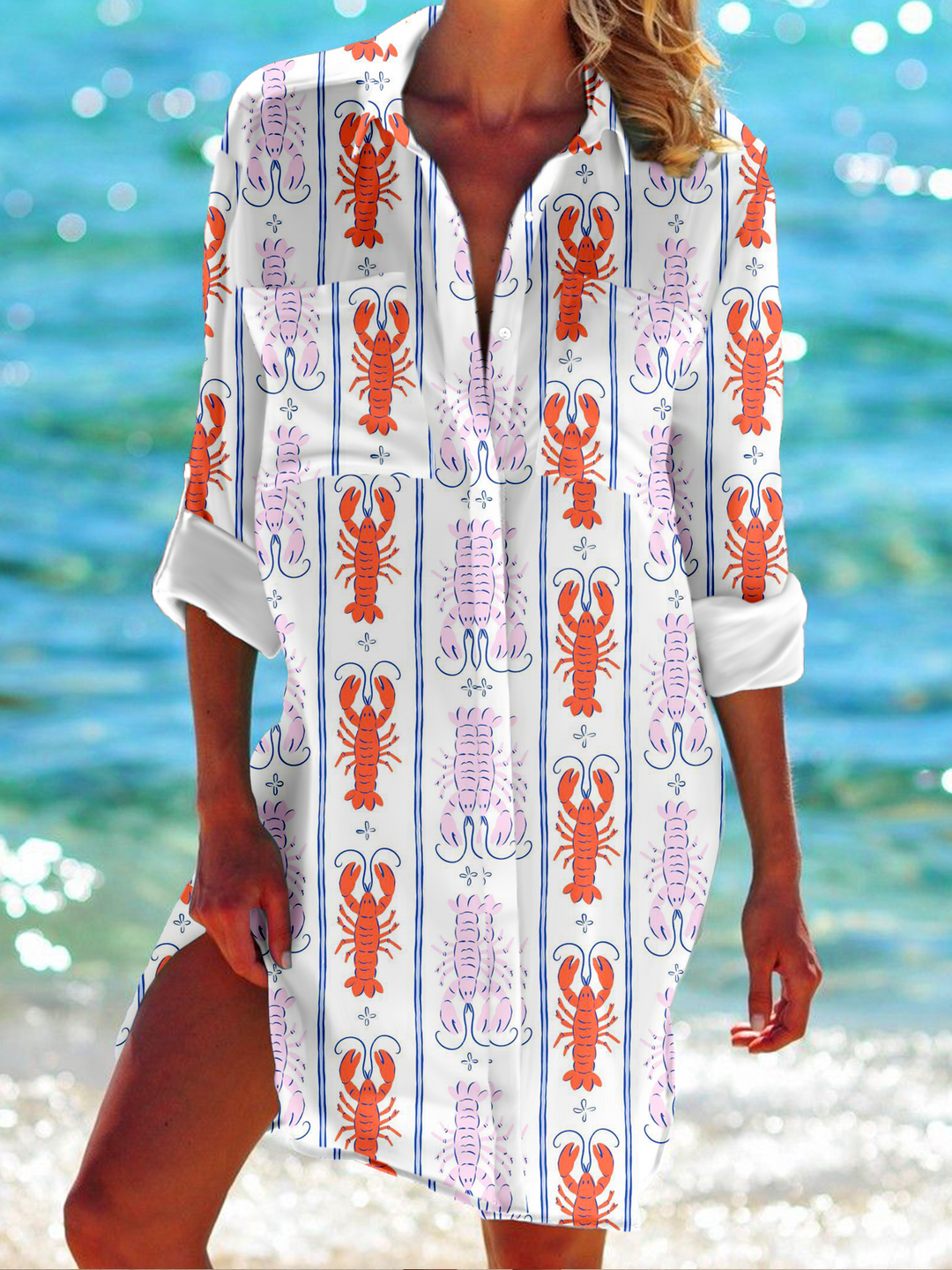 Abstract Hand Drawn Crawfish Geometric Stripes Art Long Sleeve Beach Shirt Dress