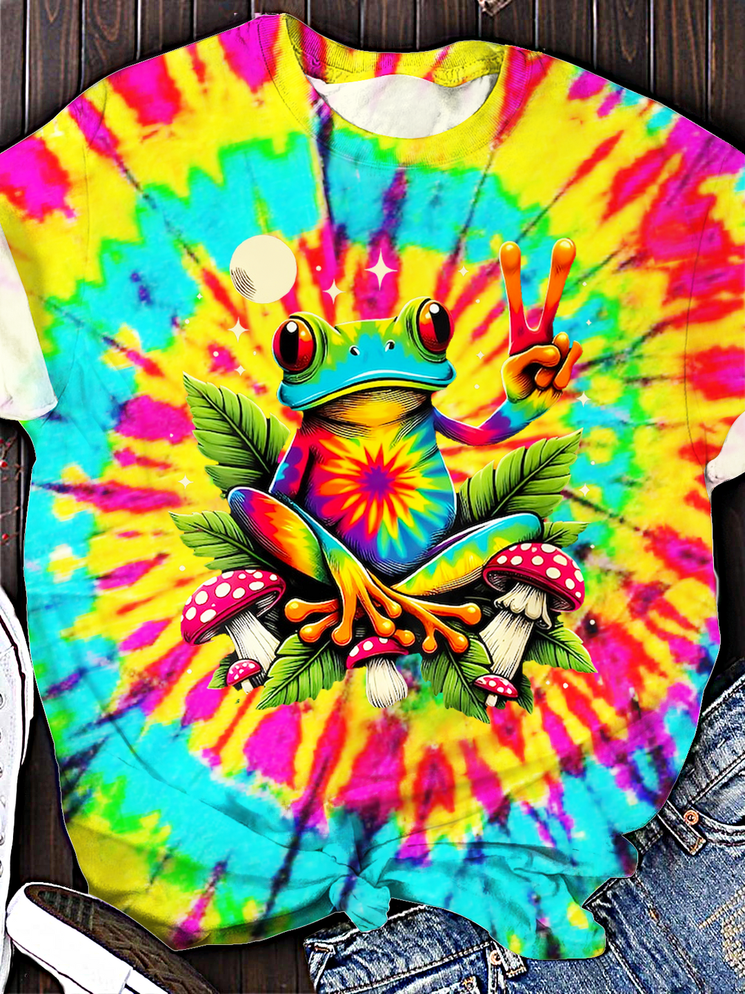 Tie-Dye Hippie Colorful Frog Crew Neck T-shirt