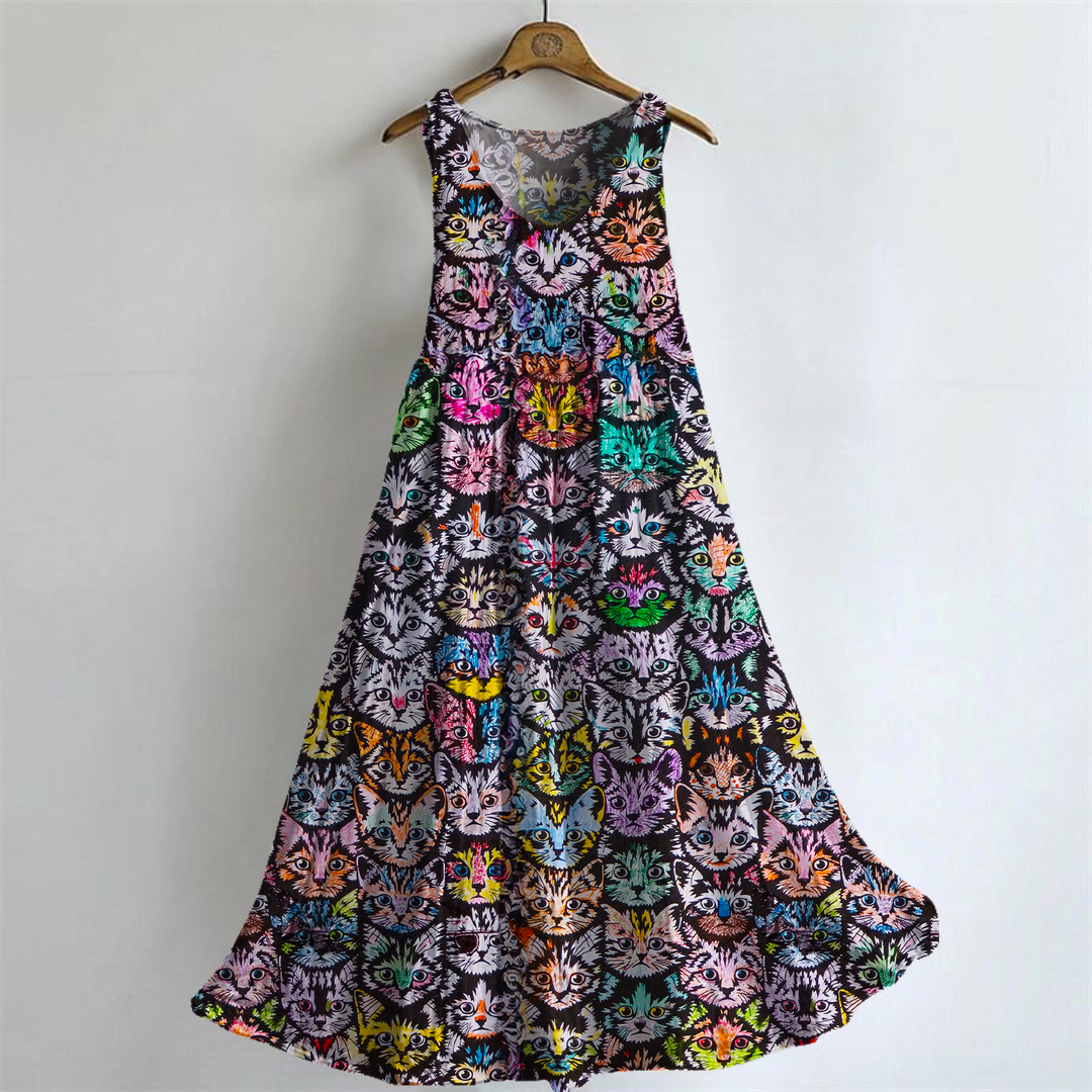 Colorful Hippie Cat Art V-neck Bamboo Linen Sleeveless Dress
