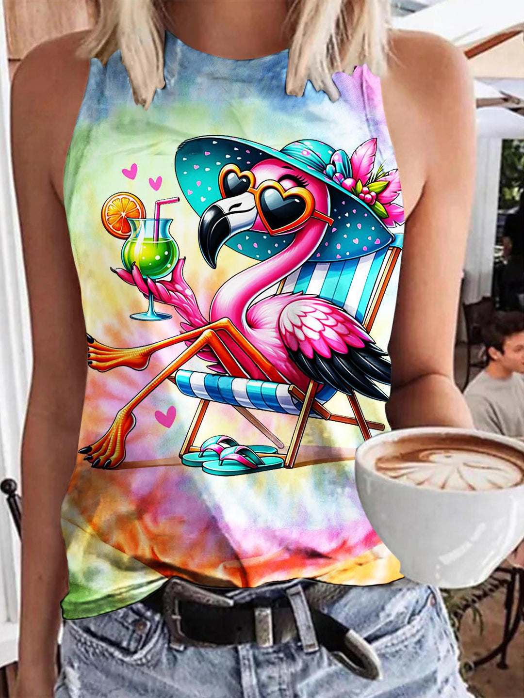 Flamingo Tie Dye Print Casual Tank Top