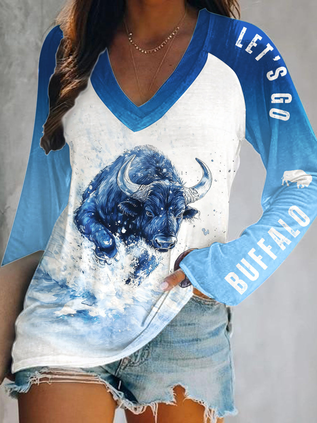 Buffalo Bills Football Print V-Neck Long Sleeve Top