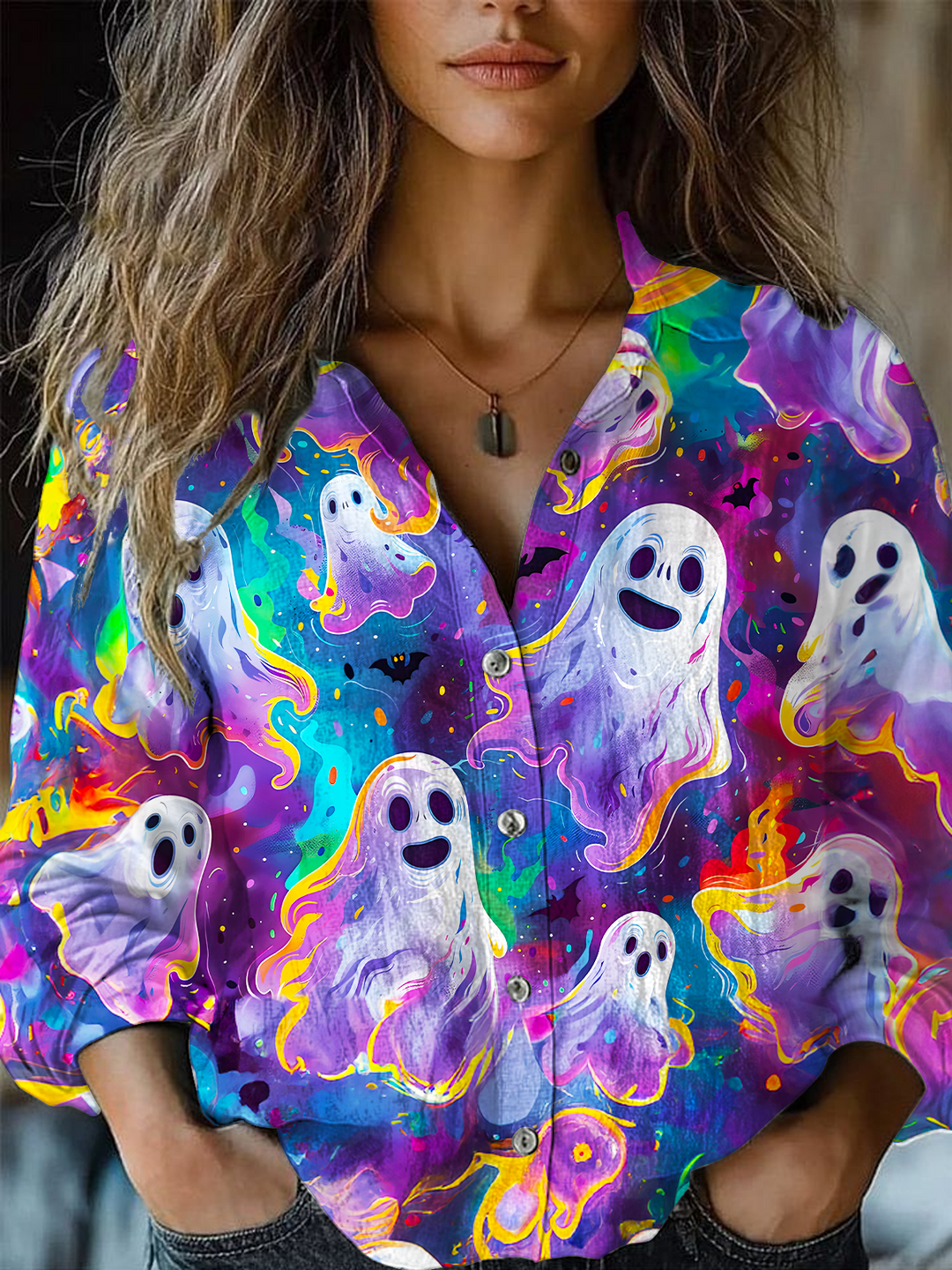 Women's Halloween Spooky Season Ghost Printed Casual Shirt
