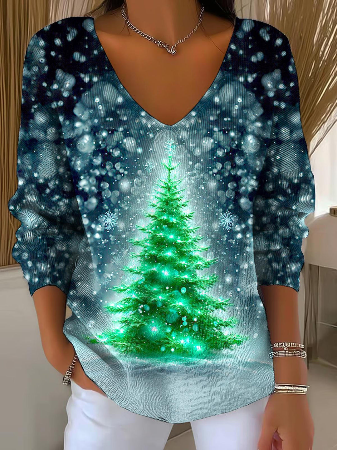 Christmas Tree Print Casual V Neck Pullover Sweater