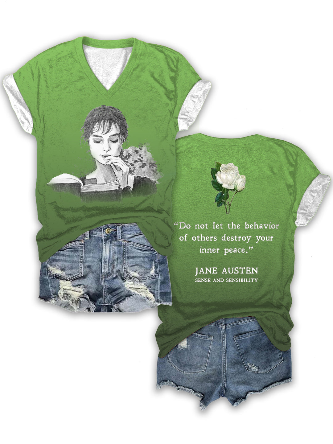 Pride and Prejudice Double sided Print V-neck T-Shirt