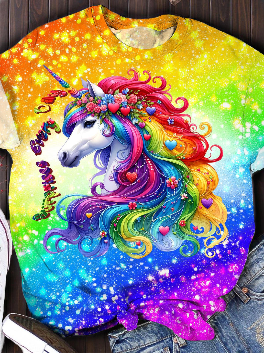 Women's Flying Horse Rainbow Gradient Print Round Neck Short Sleeve T-Shirt