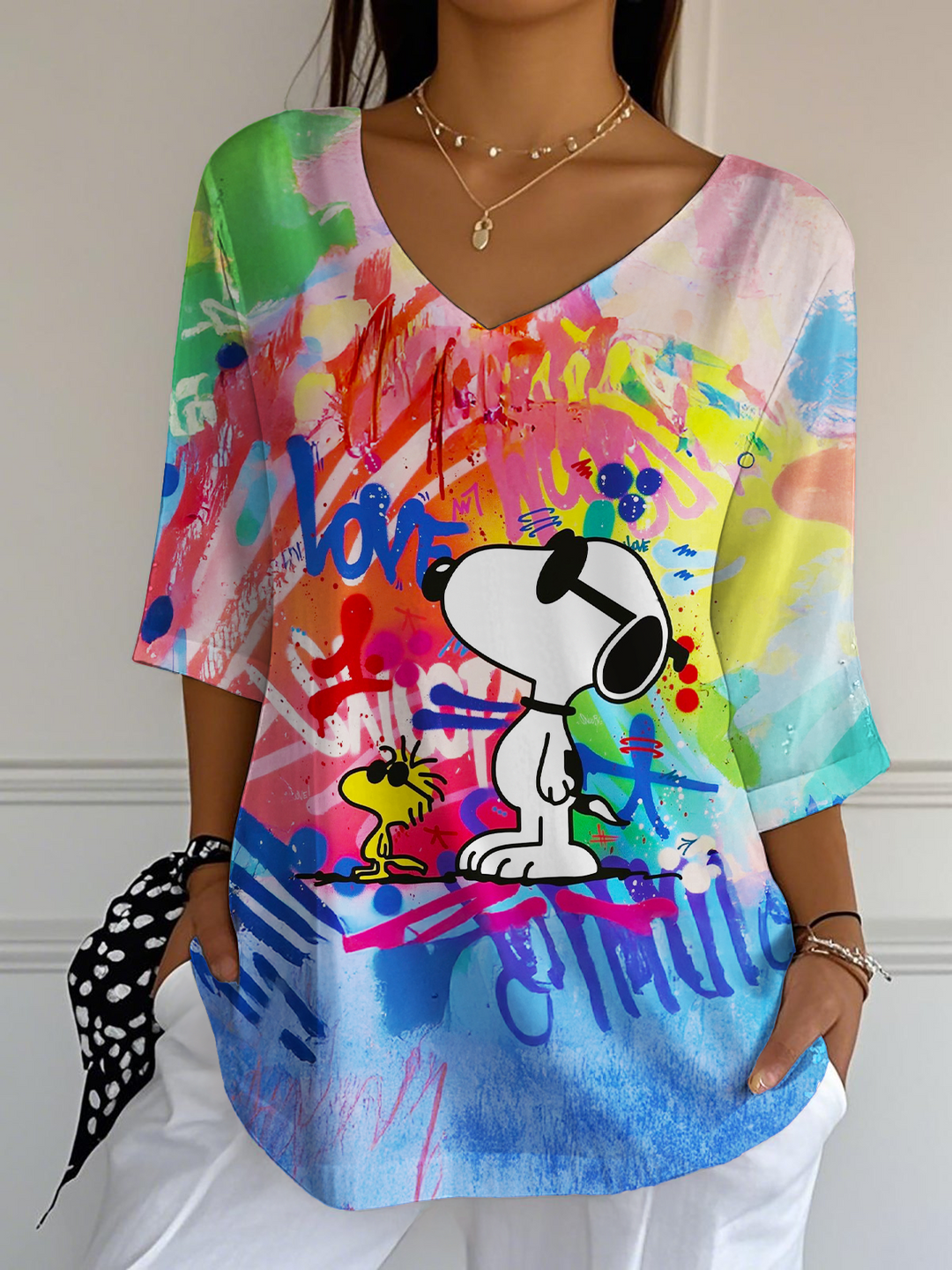 Colorful Doodle Hippie Snoopy Love Ladies Loose Short Sleeve T-shirt