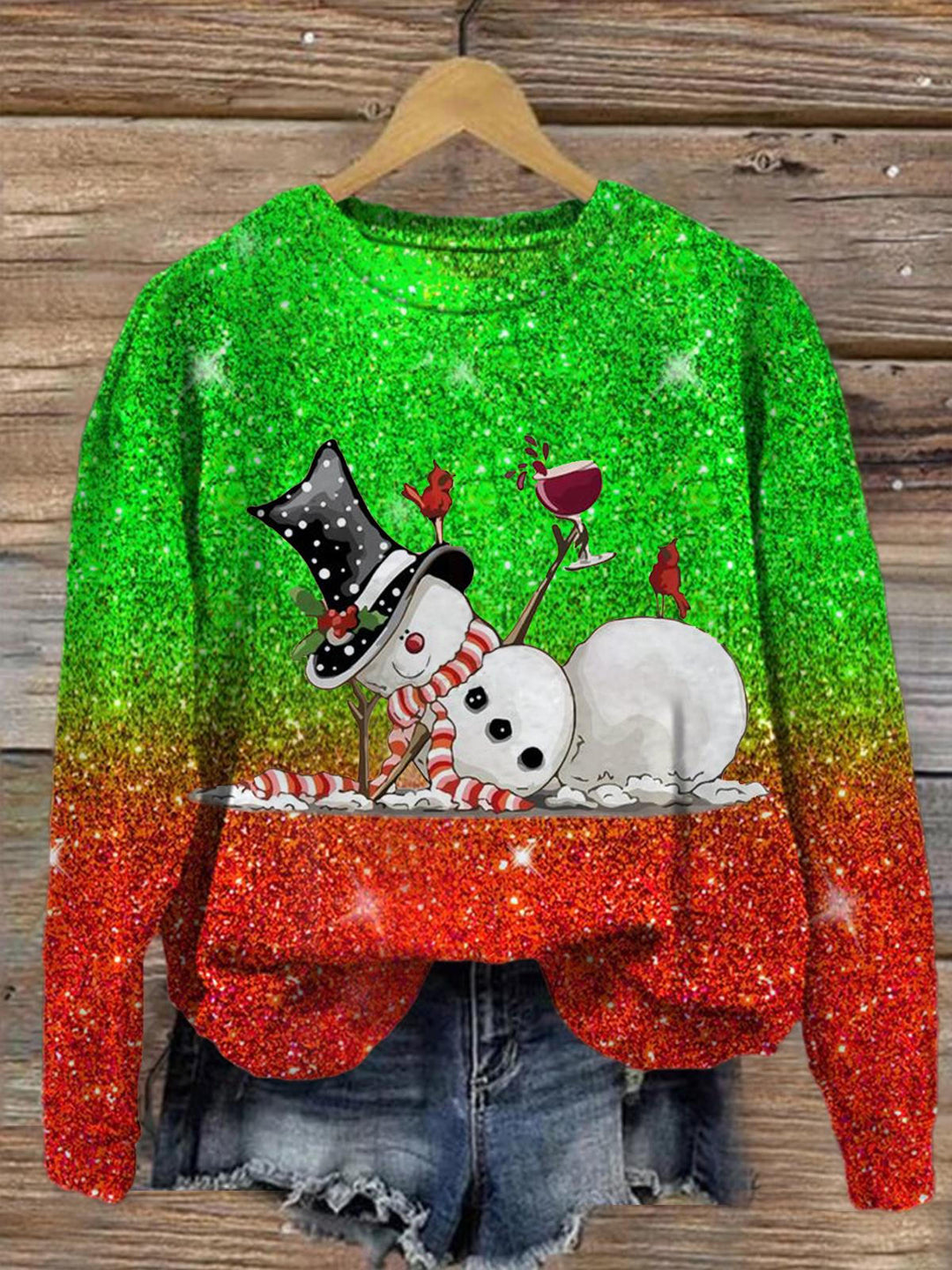 Beer Mug Snowman Cheers Hand Printed Long Sleeve Casual Top