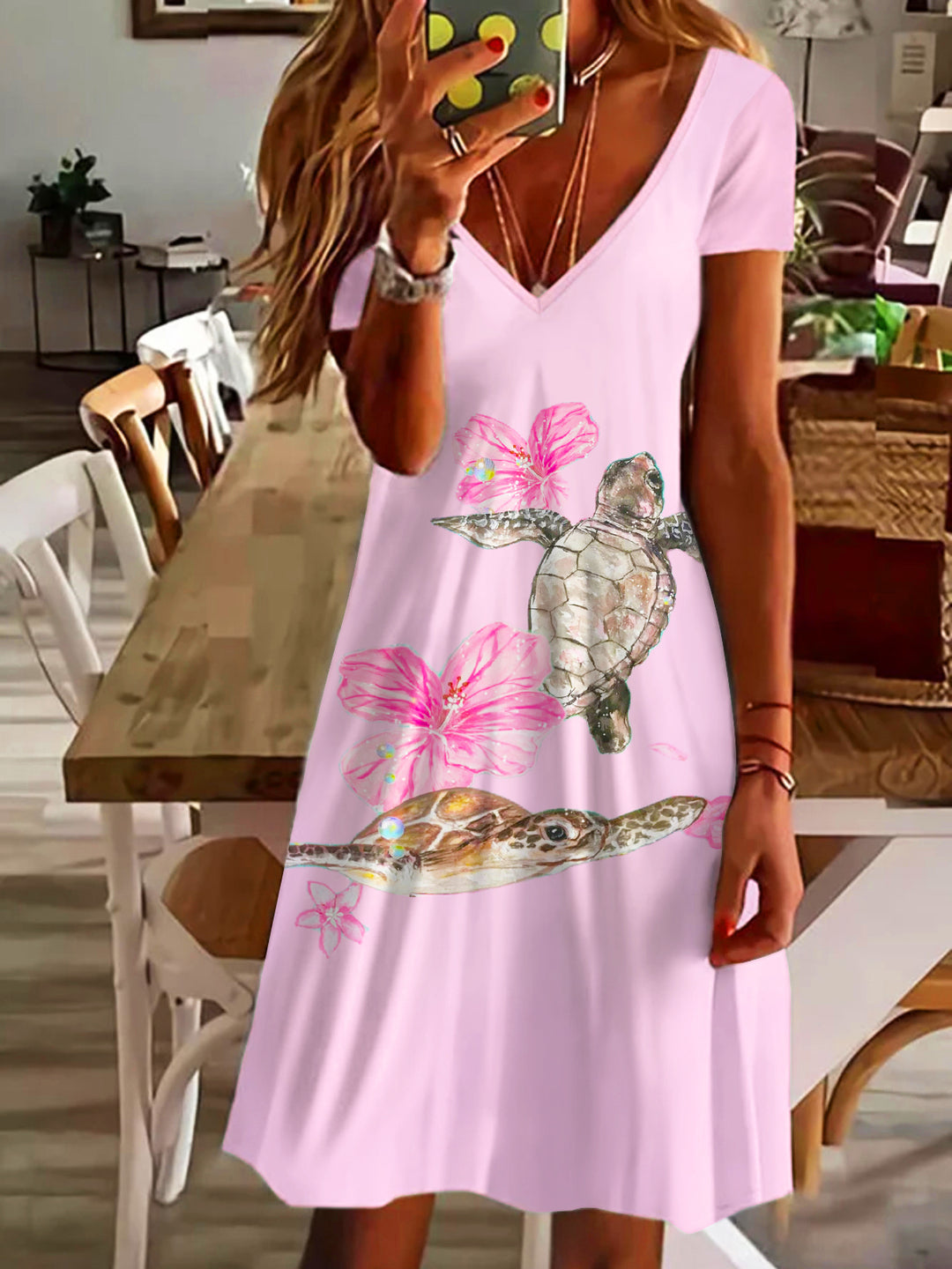 Floral Turtle Art V Neck Short Sleeve Dress