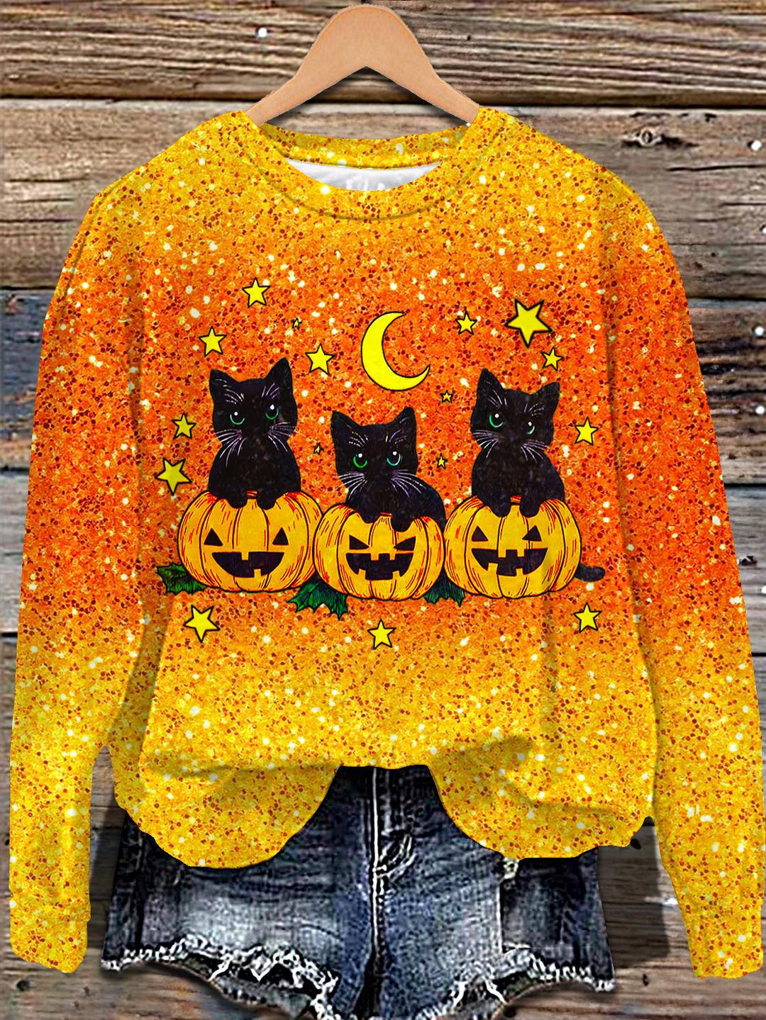 Halloween Sequined Cat Printed Long Sleeve Casual Top