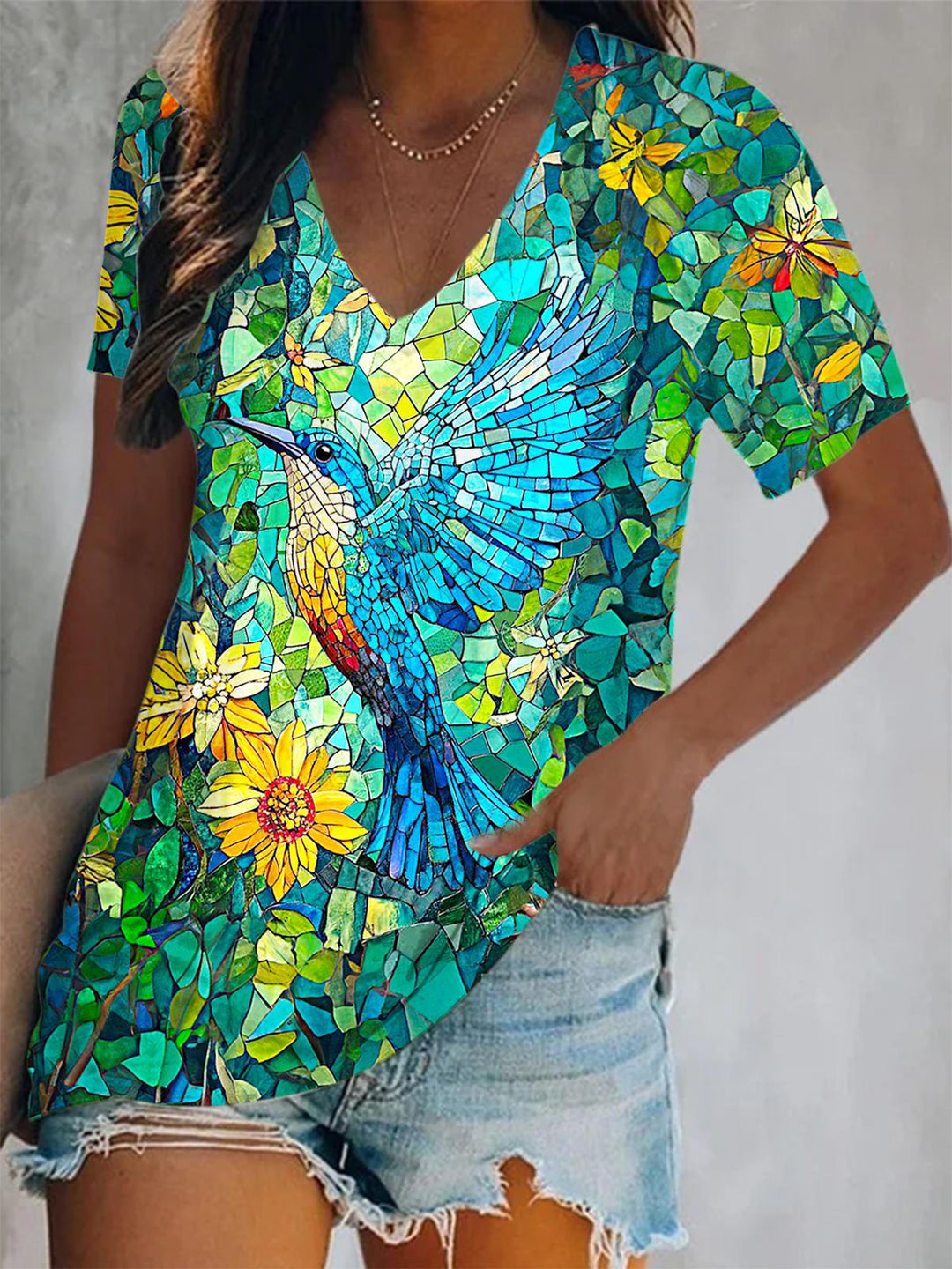 Summer Green Floral Hummingbird Print Short Sleeve V Neck Print Top