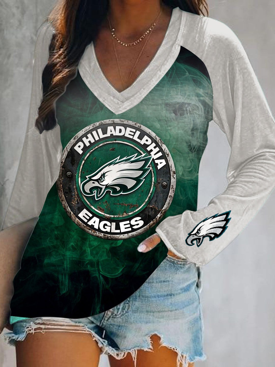 Philadelphia Eagles Print V-Neck Long Sleeve Top