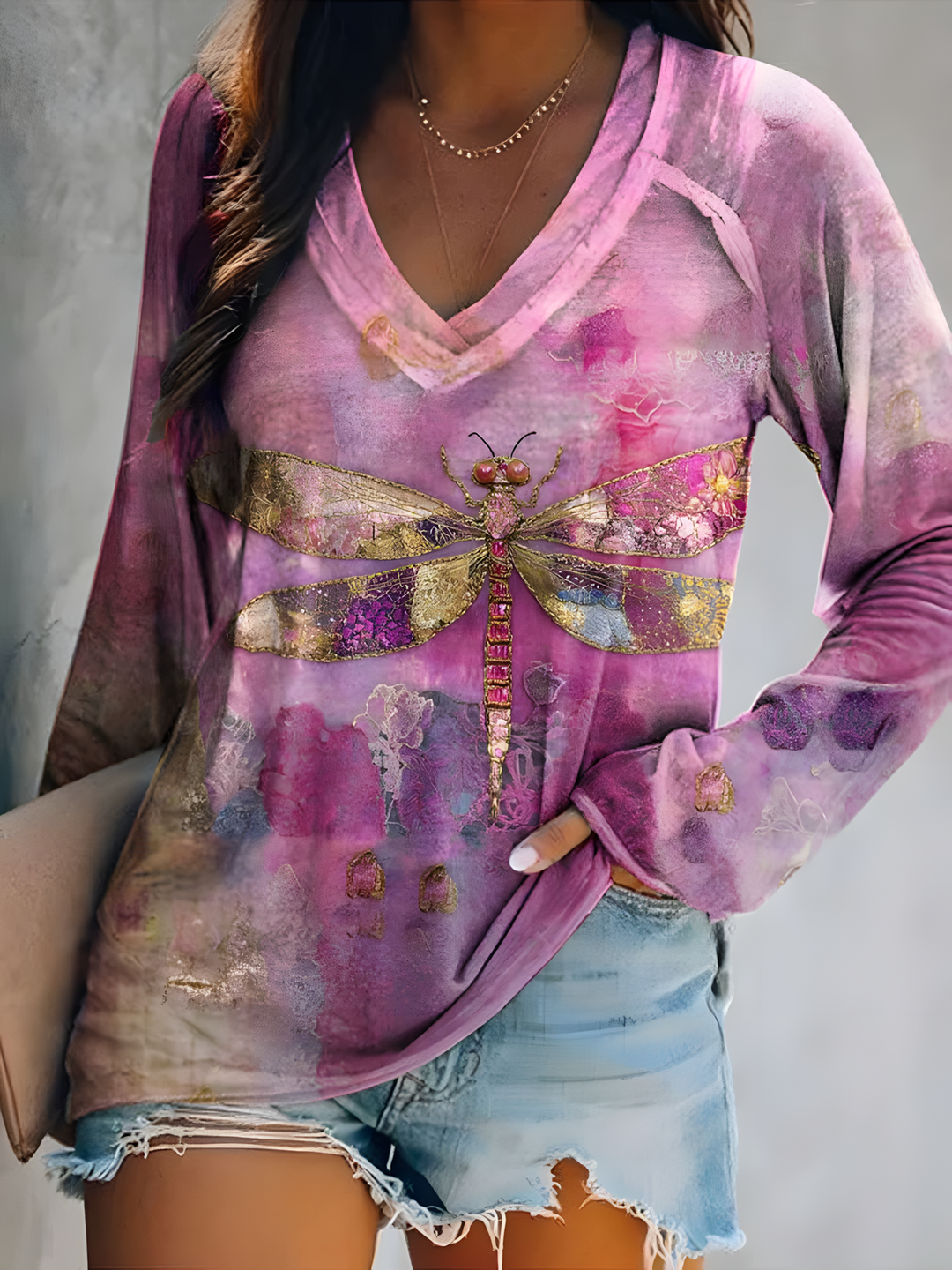 Whisper of Wisdom Flowers Dragonfly Art Print V-Neck Long Sleeve Top