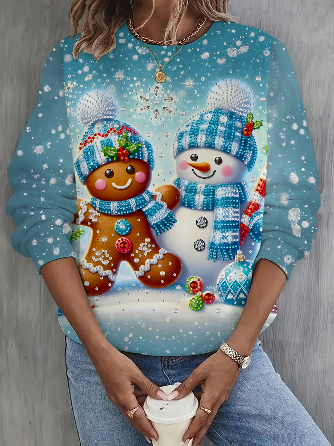 Gingerbread Man and Snowman Long Sleeve Casual Top