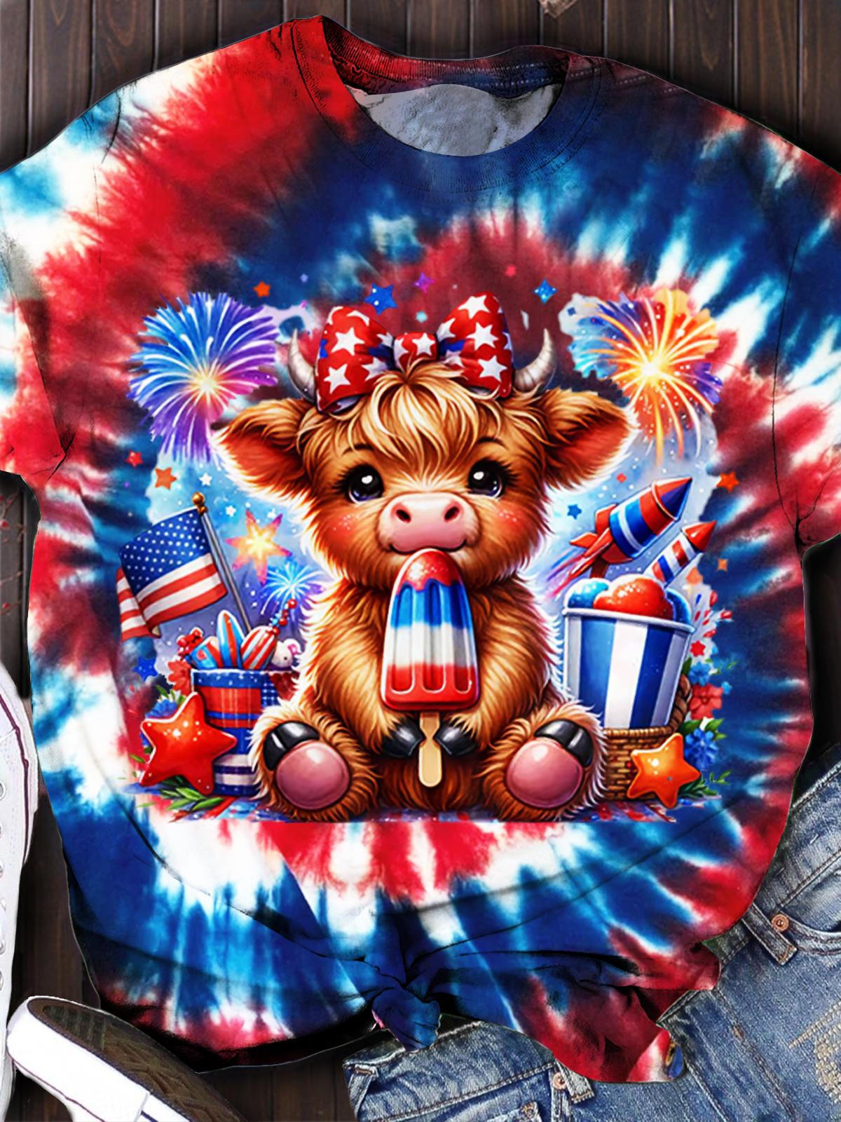 4th Of July Cute Highland Cow Print Tie Dye Top – Wonder closets