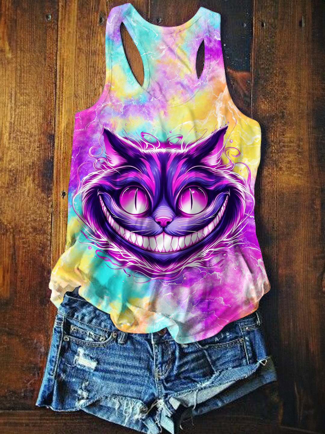 Tie-Dye Fun Hippie Cat Art Printed Casual Tank Top