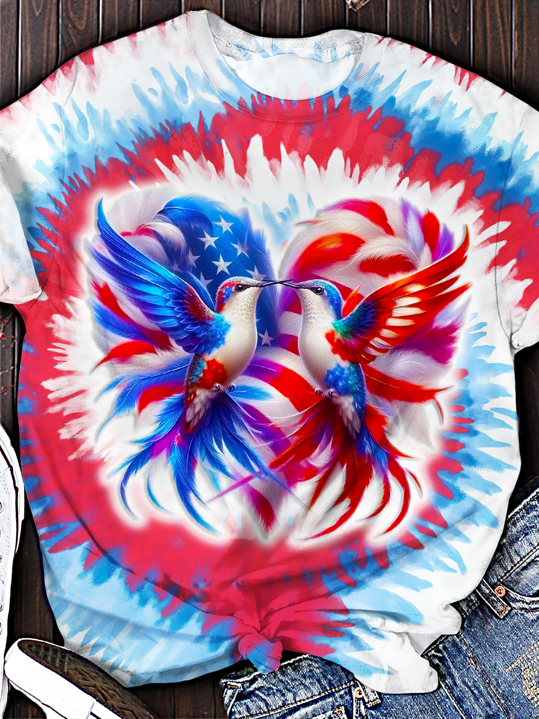 Independence Day Patriotic Hummingbird Crew Neck T-shirt