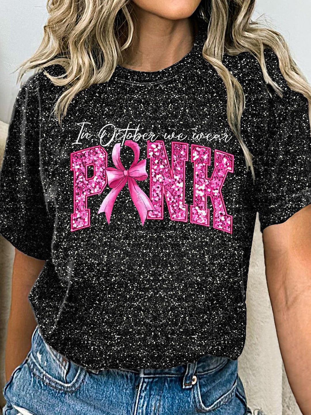 October We Wear Pink Embroidered Breast Cancer Crew Neck T-shirt