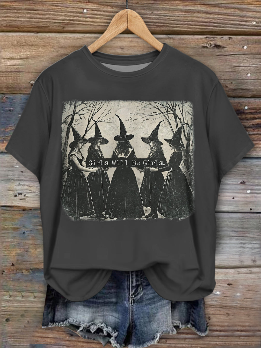 Vintage Girls Will Be Girls Witch Crew Neck T-shirt