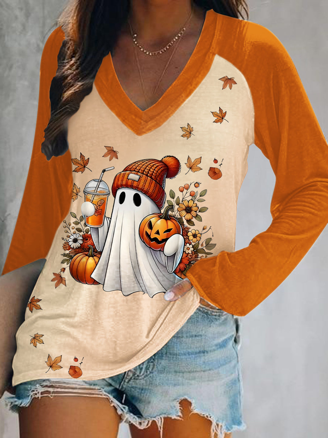Cute Ghost Print V-Neck Long Sleeve Top