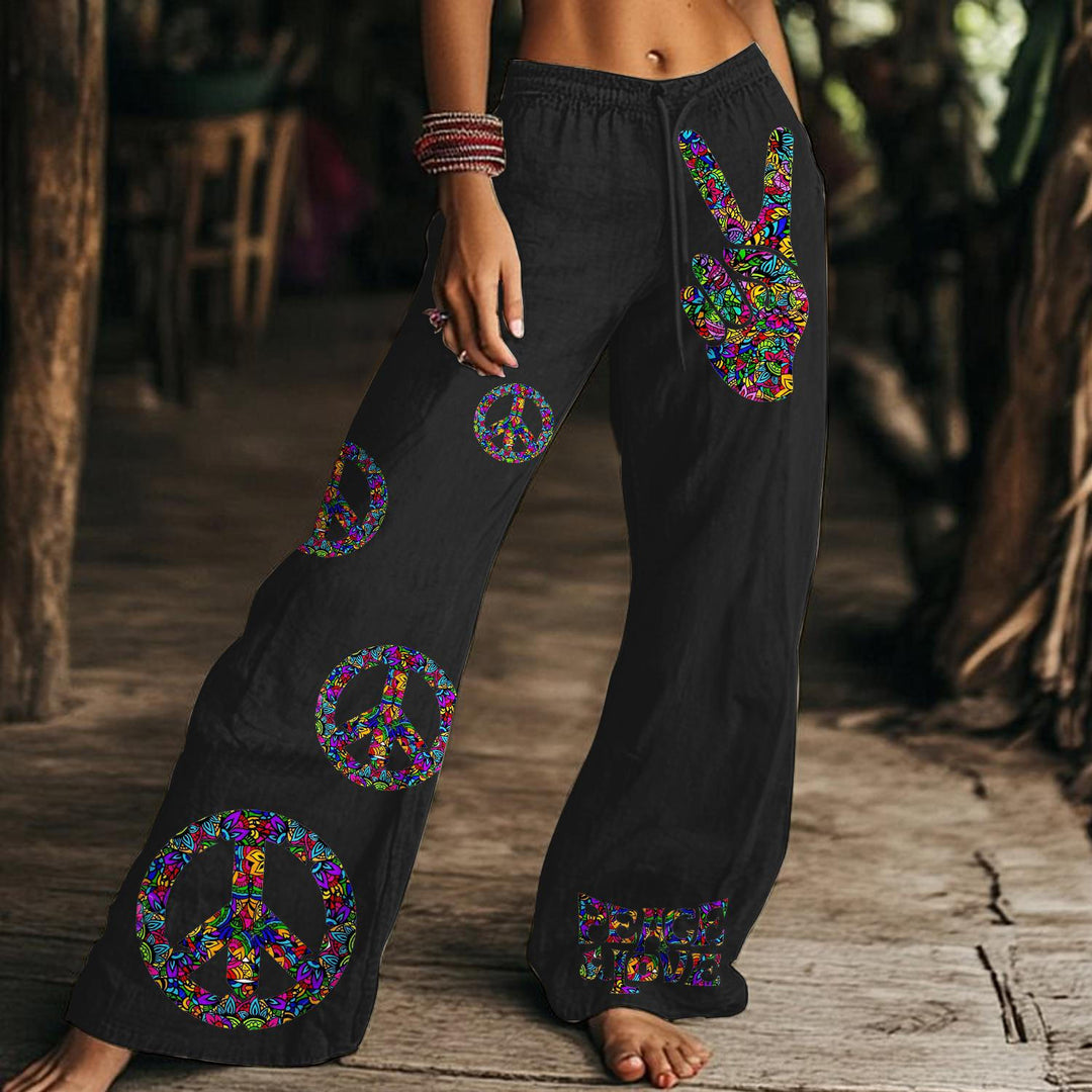 Hippie Printed Women's Drawstring Wide-Leg Pants