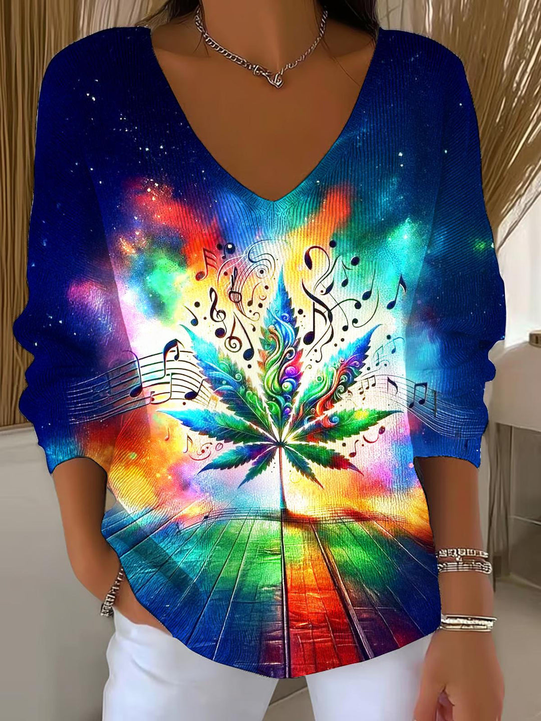 Hippies Colorful Maple Leaves Casual V Neck Pullover Sweater