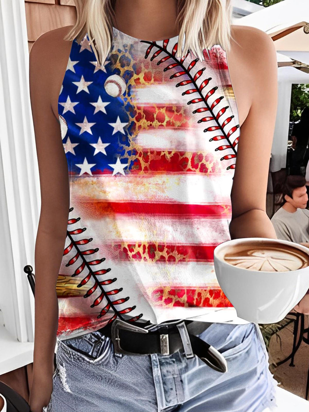 Women Baseball American flag png Print Casual Sleeveless Top