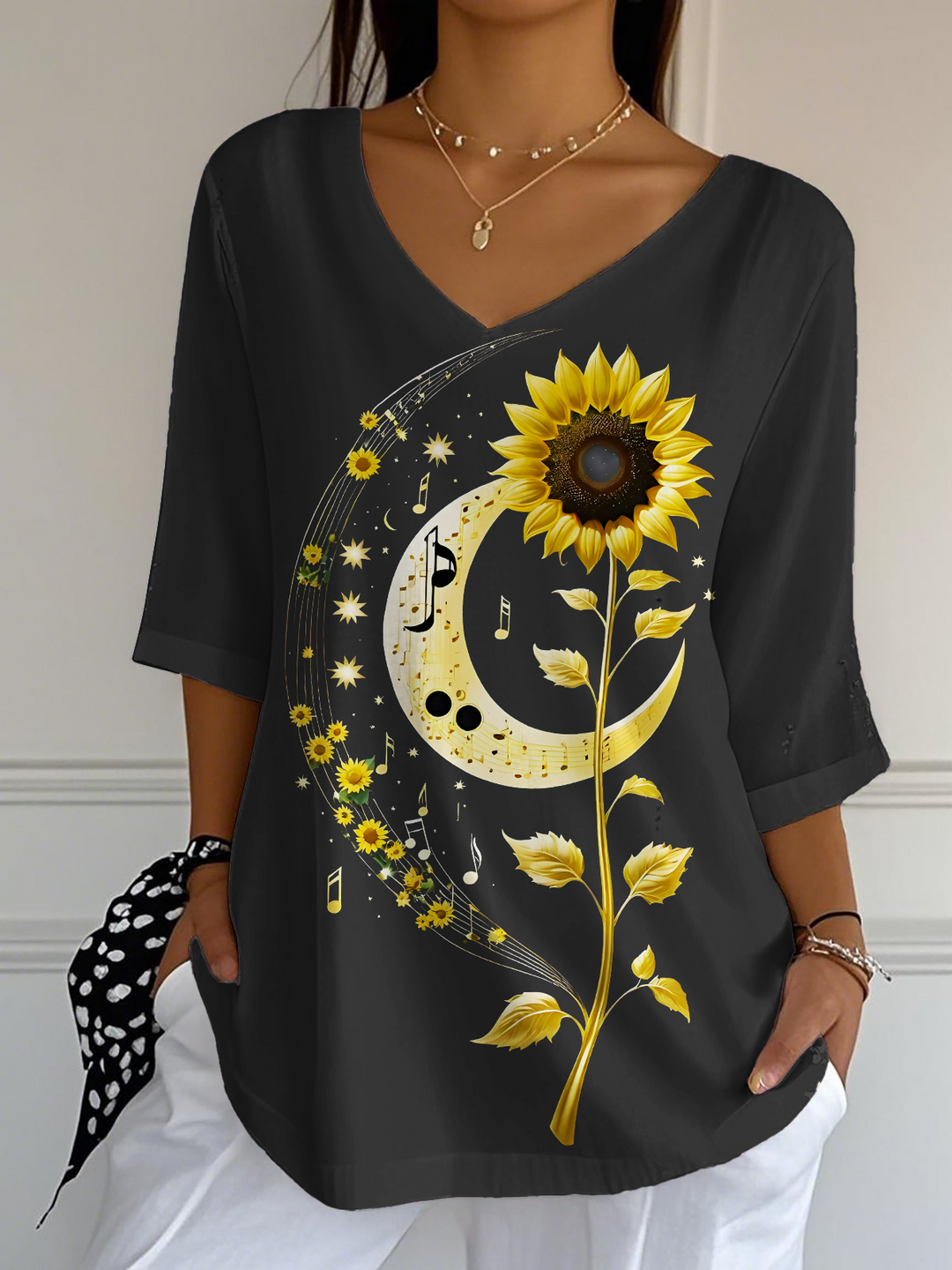 Classic Hippie Sheet Music Sunflower Moon Art Ladies Loose Short Sleeve T-shirt