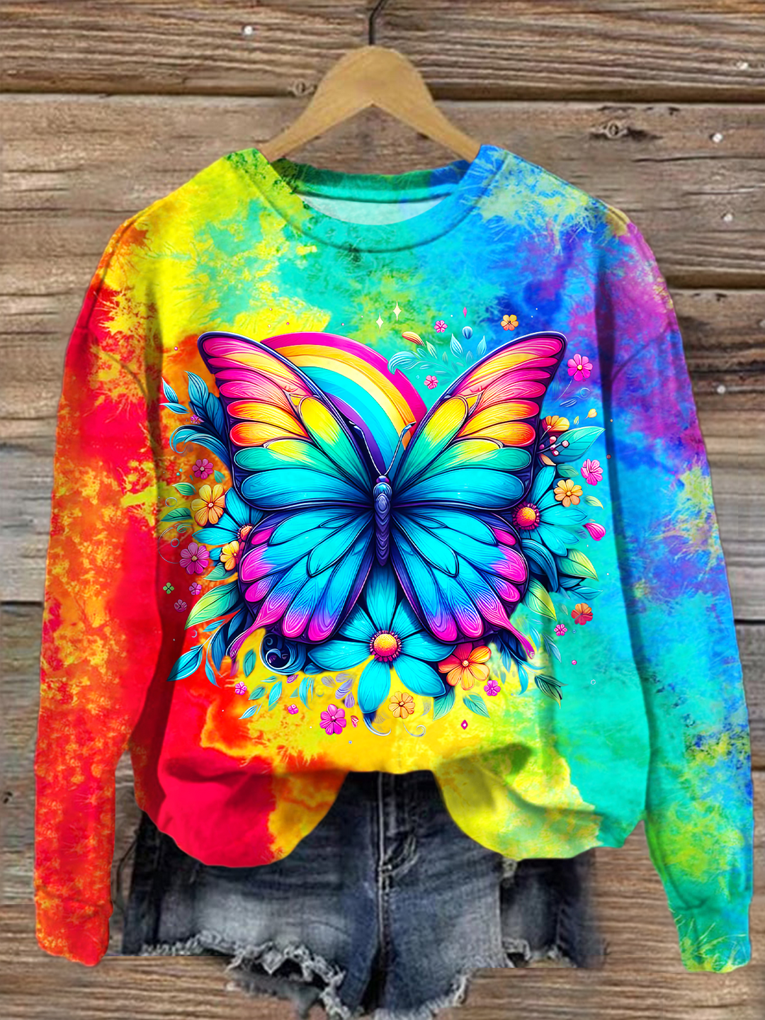 Colorful Hippie Rainbow Butterfly Art Printed Long Sleeve Casual Top
