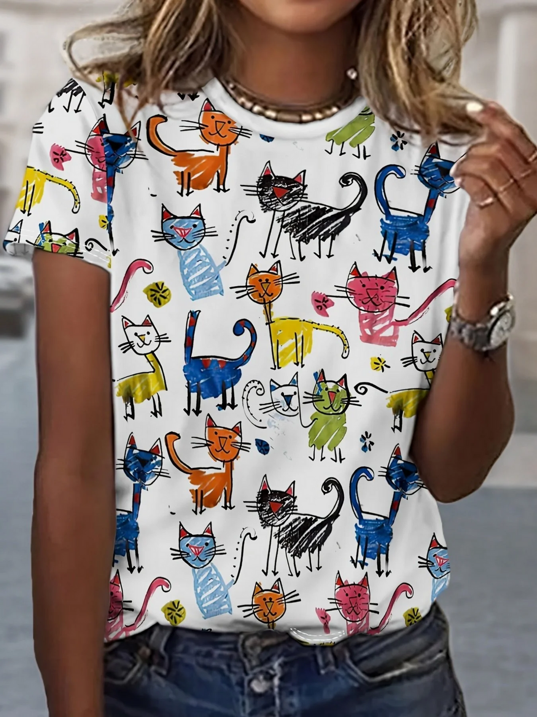 Retro Fun Doodle Cat Art Crew Neck T-shirt