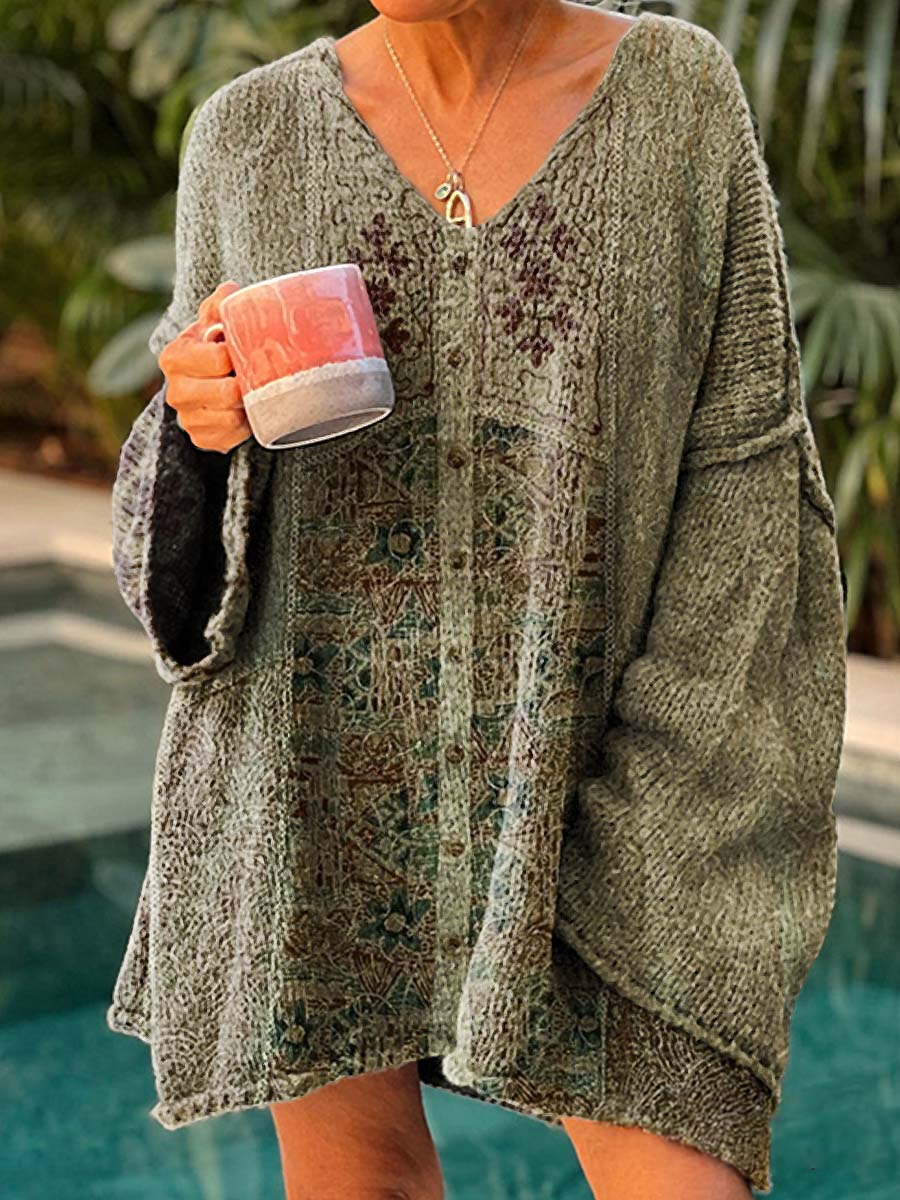 Ethnic Totem Flowers Art Casual Pullover Sweater