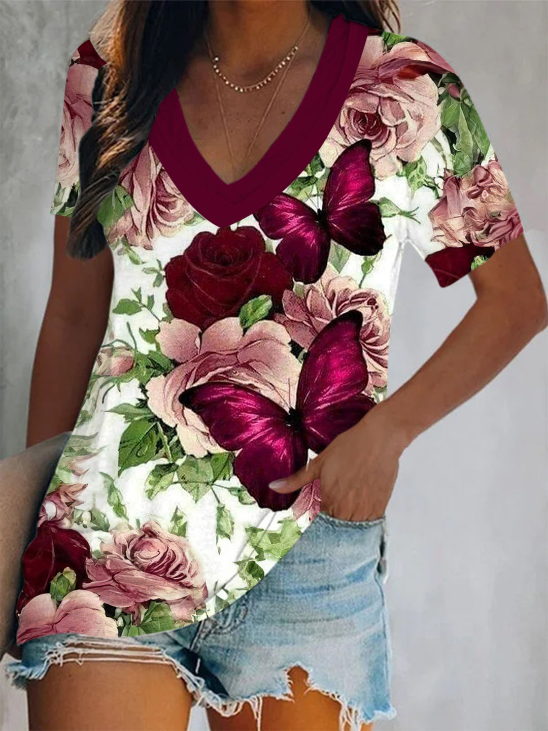 Rose Flower Butterfly Print Short Sleeve V Neck Print Top
