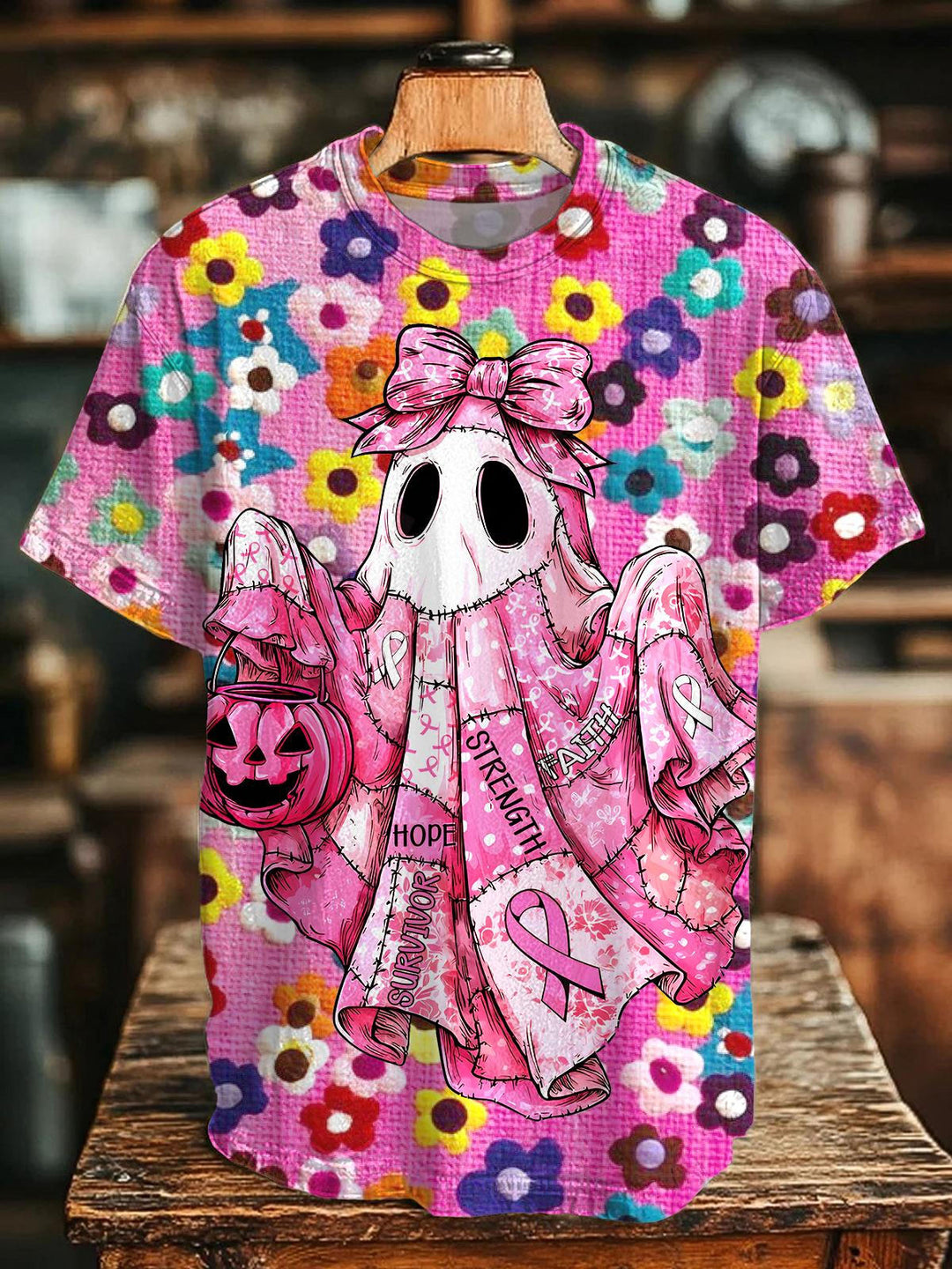 Breast Cancer Ghost Halloween Print Crew Neck T-shirt
