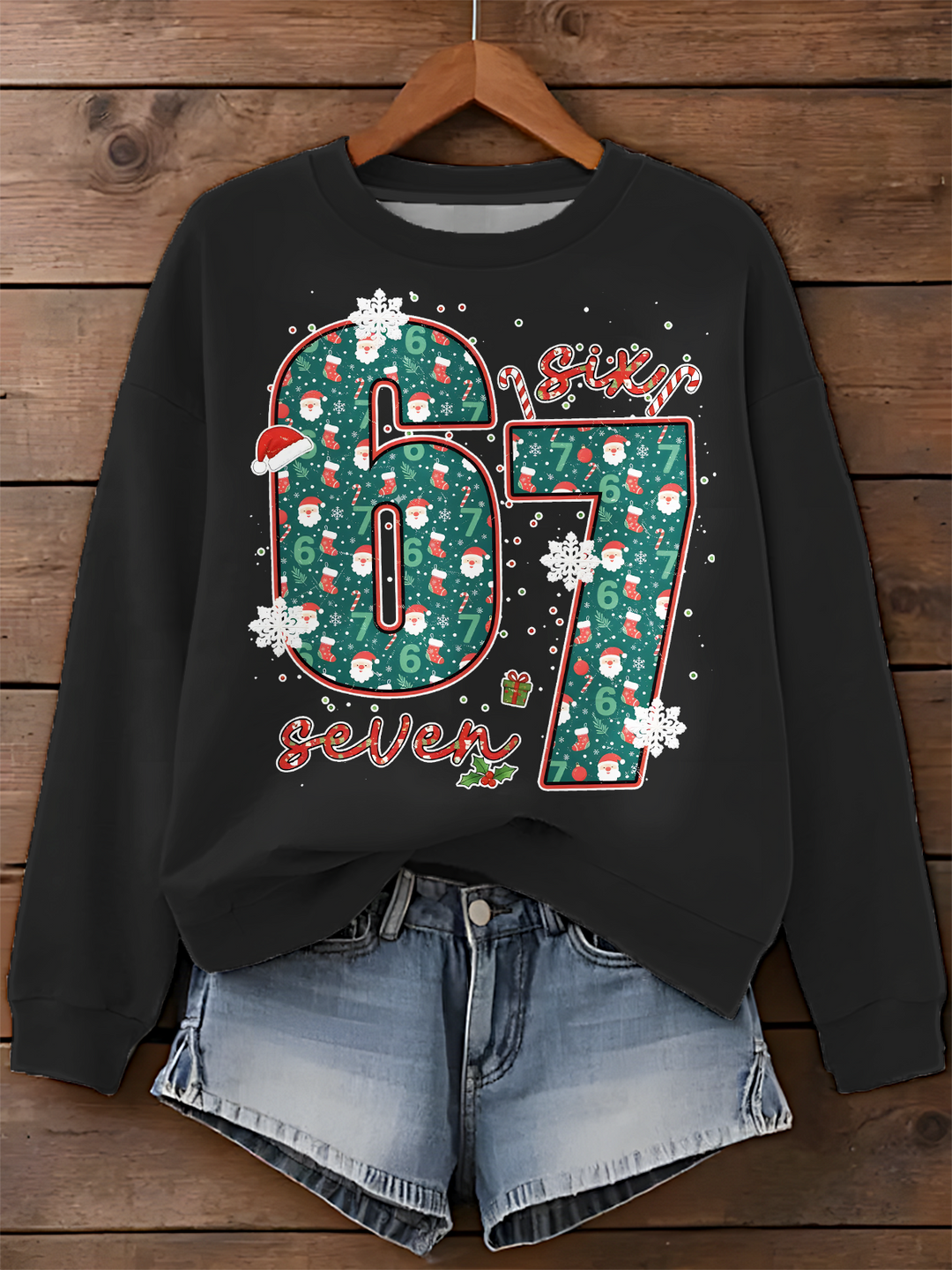 Funny Six Seven Meme Christmas Printed Long Sleeve Casual Top