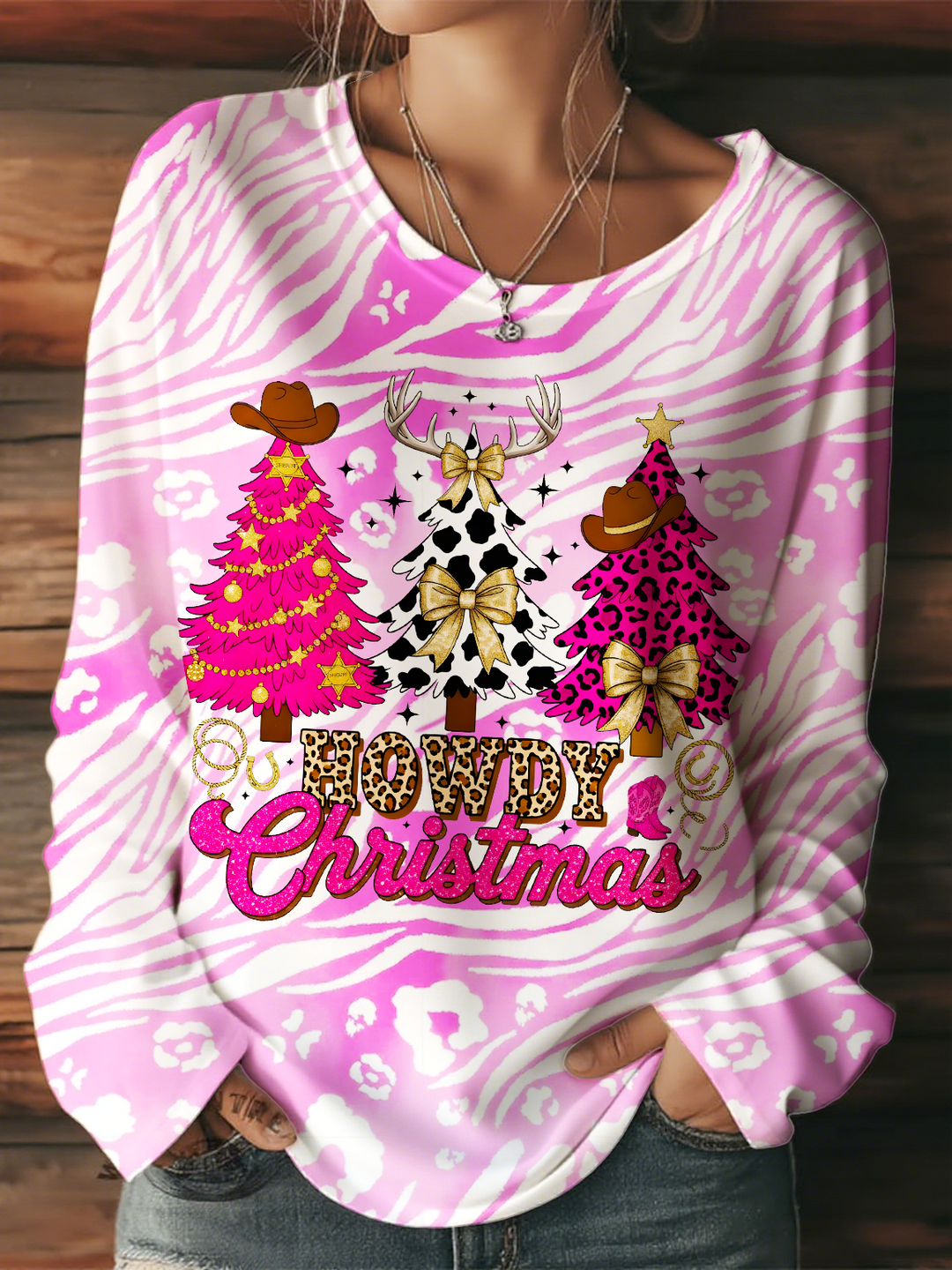 Women's Howdy Christmas Round Neck Long Sleeve T-shirt
