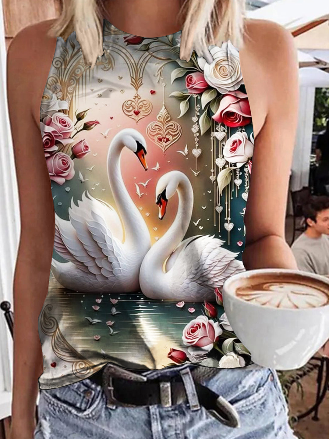 Women's Swan Print Casual Tank Top