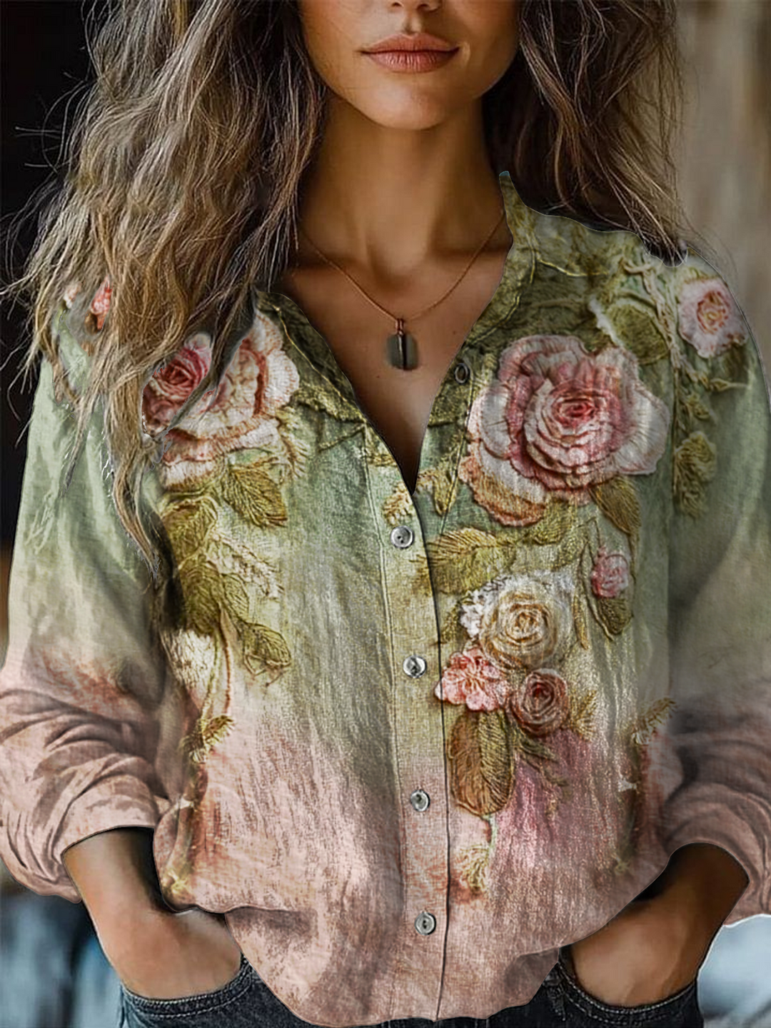 Retro Pink And Green Gradient Rose Women's Printed Casual Shirt