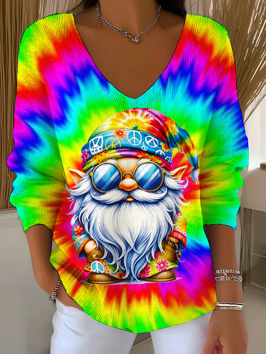 Colorful Tie-Dye Hippie Gnome Casual V Neck Pullover Sweater