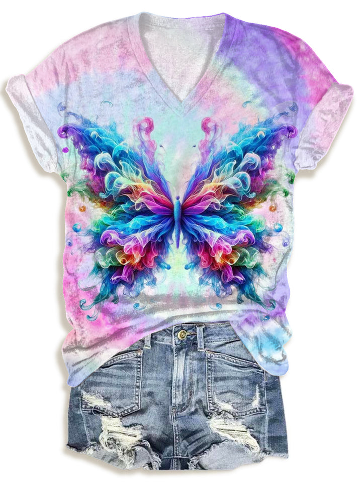 Spring Tie Dye Butterfly V-neck T-Shirt