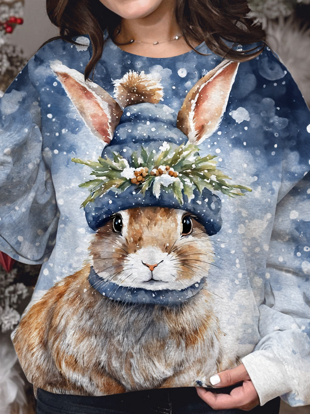 Winter Snow Scene Rabbit Printed Long Sleeve Casual Top