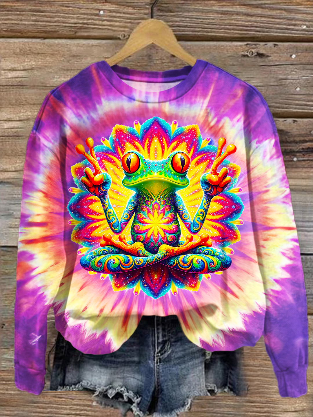 Tie-dye Frog And Peace Sign Printed Long Sleeve Casual Top