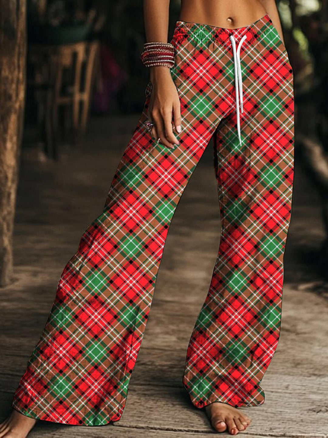 Women's Christmas Check Print Drawstring Wide-Leg Pants