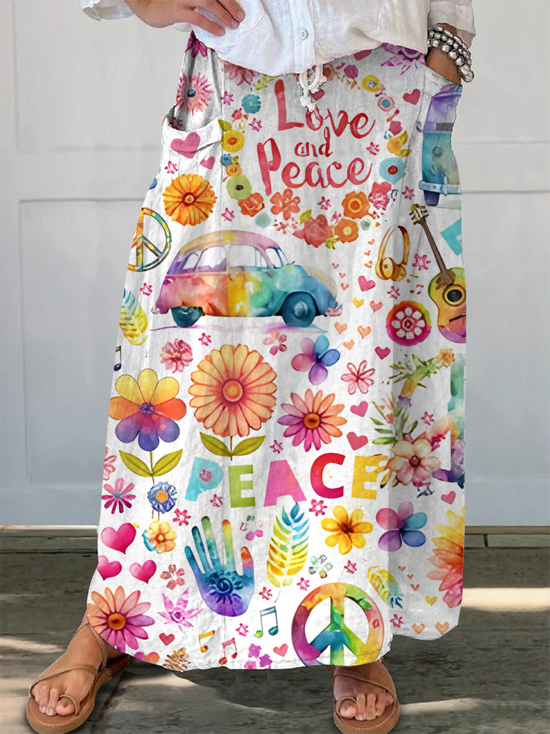 Hippie Love and Peace Art Side Pockets Skirt