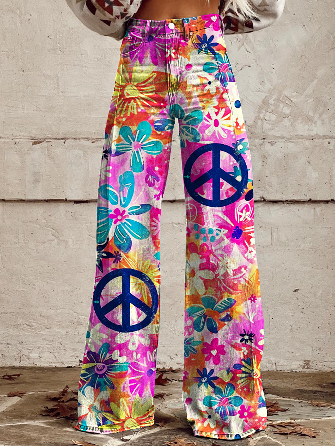 Colorful Floral Hippie Peace Art Women's Cotton Flared Jeans Pants